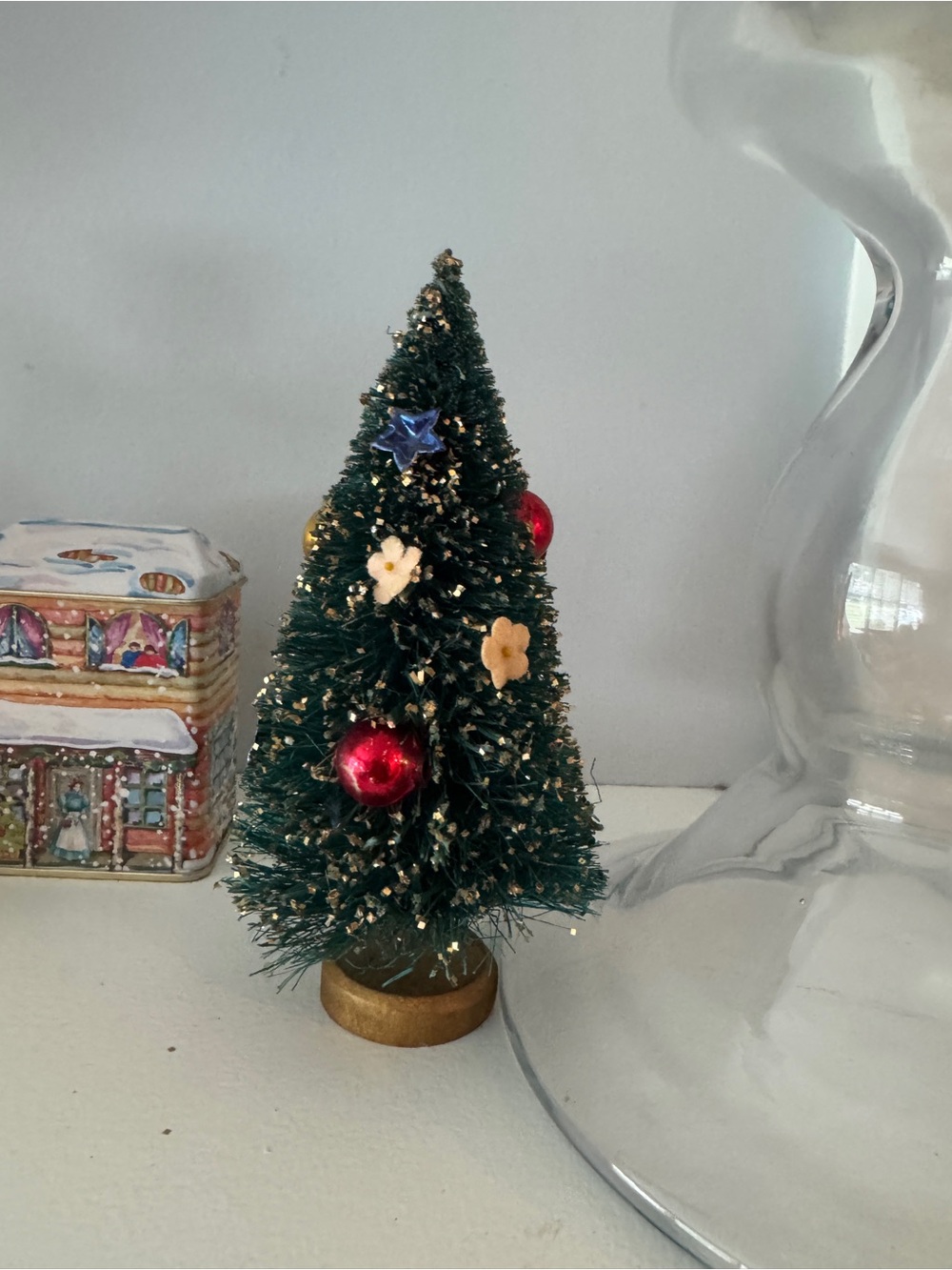 Vintage Bottle Brush Tree with Ornaments wood base Japan